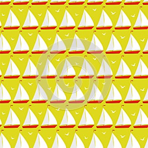 Colorful doodle maritime seamless vector pattern. Multicolored simple ship background. Flying sea birds