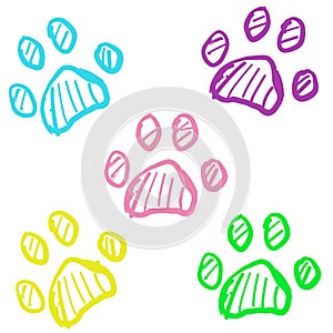 Colorful doodle paw print background