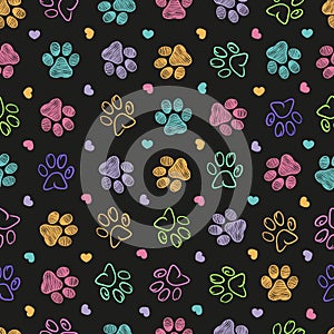 Colorful doodle paw print seamless fabric design black
