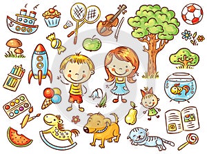 Colorful doodle set of objects from a child's life