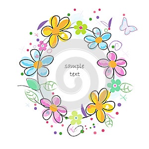 Colorful doodle spring flowers circle frame greeting card