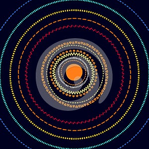 Colorful doodle sun in the dark blue space shines in the sky with planet orbits, mandala poster, vector