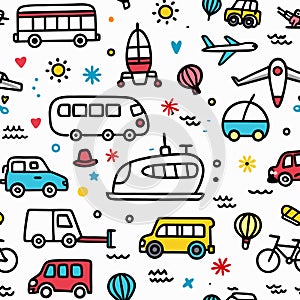 Colorful doodle transportation seamless pattern.