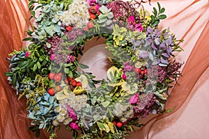 Colorful door wreath and decoration