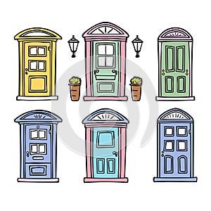 Colorful doors lined up street style, six diverse house entrances, cute urban concept. Handdrawn