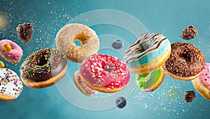 Colorful doughnuts in motion on blue background