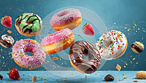 Colorful doughnuts in motion on blue background