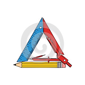 Colorful Drafting Tools, Ruler, Compass, and Pencil on White Background
