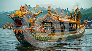 Colorful Dragon Boat on Water with Detailed Ornamentation