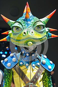 Colorful Dragon Costume Head with Spikes and Scales at Fantasy Convention Vibrant Cosplay Close Up