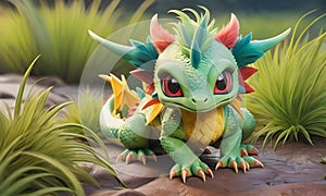 a colorful dragon is standing on a rock in the grass