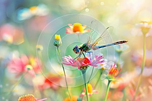 Colorful dragonfly on a beautiful flower in the meadow in summer