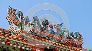 Colorful dragons on a Chinese shrine roof