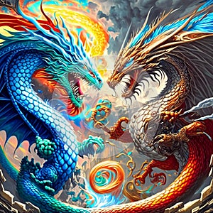 Colorful dragons in a fractal design. 3D illustration. AI generated