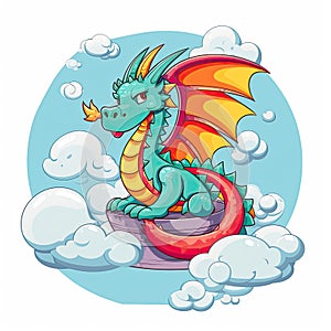 Colorful dragons sitting on clouds set design for kids coloring pages. Colorful baby dragon cartoon with clouds. Cute dragon baby