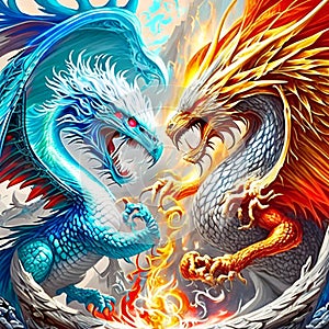 Colorful dragons on a white background. 3d rendering, 3d illustration. Generative AI