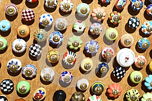 Colorful drawer knobs on sale, Jaisalmer, India