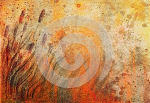 Colorful drawind of reeds on abstract spotted background