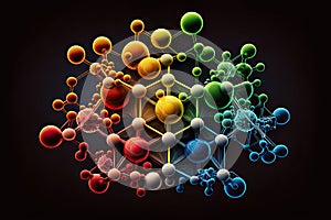 colorful drawing of an abstract complex molecule in red, yellow, blue, and green on a black