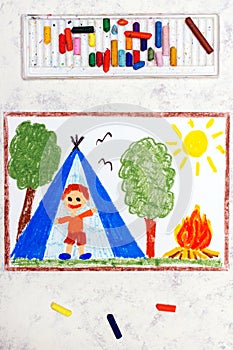 Colorful drawing: Camping in forest, smiling boy in tent, campfire
