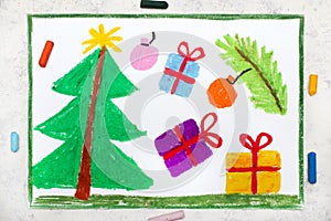 Colorful drawing: Christmas tree and gifts