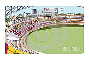 Colorful drawing of cricket stadium with rows of seats, electronic scoreboard and green grassy field. Sports arena for