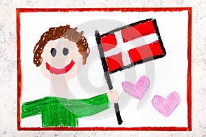 Colorful drawing: Happy man holding flag Danish flag. Flag of Denmark