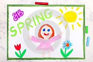 Drawing: landscape with apple tree, tulip flowers an happy sun. Springtime