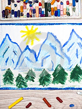 Colorful drawing: landscape of snow-capped mountain peaks