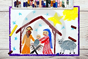 Colorful drawing: Nativity scene. Christmas time