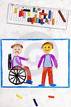 Colorful drawing: Sad boy sitting on his wheelchair