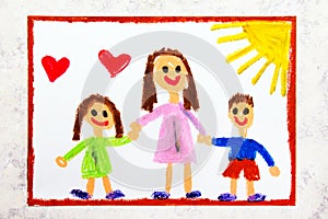 Colorful drawing: Single parenting. Smiling family with mother and her two kids