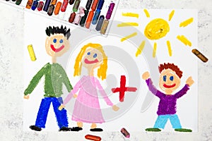 Colorful drawing: Smiling parents plus adopted child
