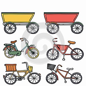Colorful drawing various wheeled vehicles, including yellow cart, green orange childrens bicycle