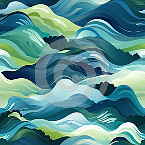 Colorful and dreamlike seamless pattern of green and blue waves (tiled)