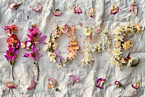 Colorful Dried Flower Petals Arranged in 'Hope' Text on Neutral Background