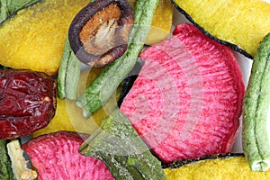 Colorful dried vegetable from pumpkin, beetroots, shiitake mushrooms and other vegetables. crispy vegetable snacks.
