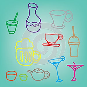 Colorful drink & beverage icons set on blue background