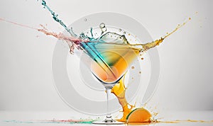 a colorful drink splashing out of a martini glass with an orange and blue liquid