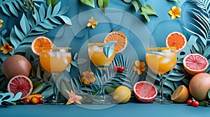 A colorful drink with three glasses of orange juice