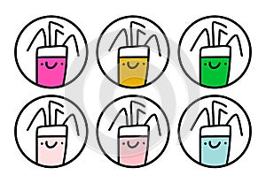 Colorful drinks set hand drawn icon logotypes in cartoon doodle style