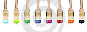 Colorful dropping set of paint brushes in a row photo