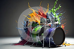 colorful drum set with paint splattered on it. Generative AI