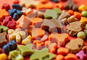 Colorful Dry Pet Food for Dogs and Cats on a Vibrant Palette