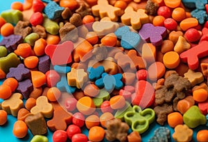 Colorful Dry Pet Food for Dogs and Cats on a Vibrant Palette