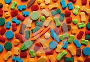 Colorful Dry Pet Food for Dogs and Cats on a Vibrant Palette