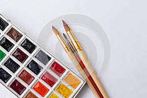 Colorful dry watercolor tablet set and white plastic palette and paint brushes and pencils on white texture background