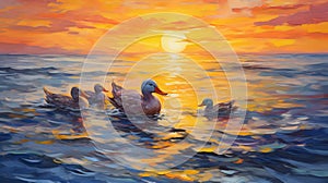 Sunset Ducks Original Oil Painting In Modern Impressionism Style