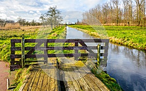 Colorful Dutch autumn landscape with a wooden gate