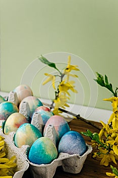 Colorful dyed easter eggs in blue and red shades